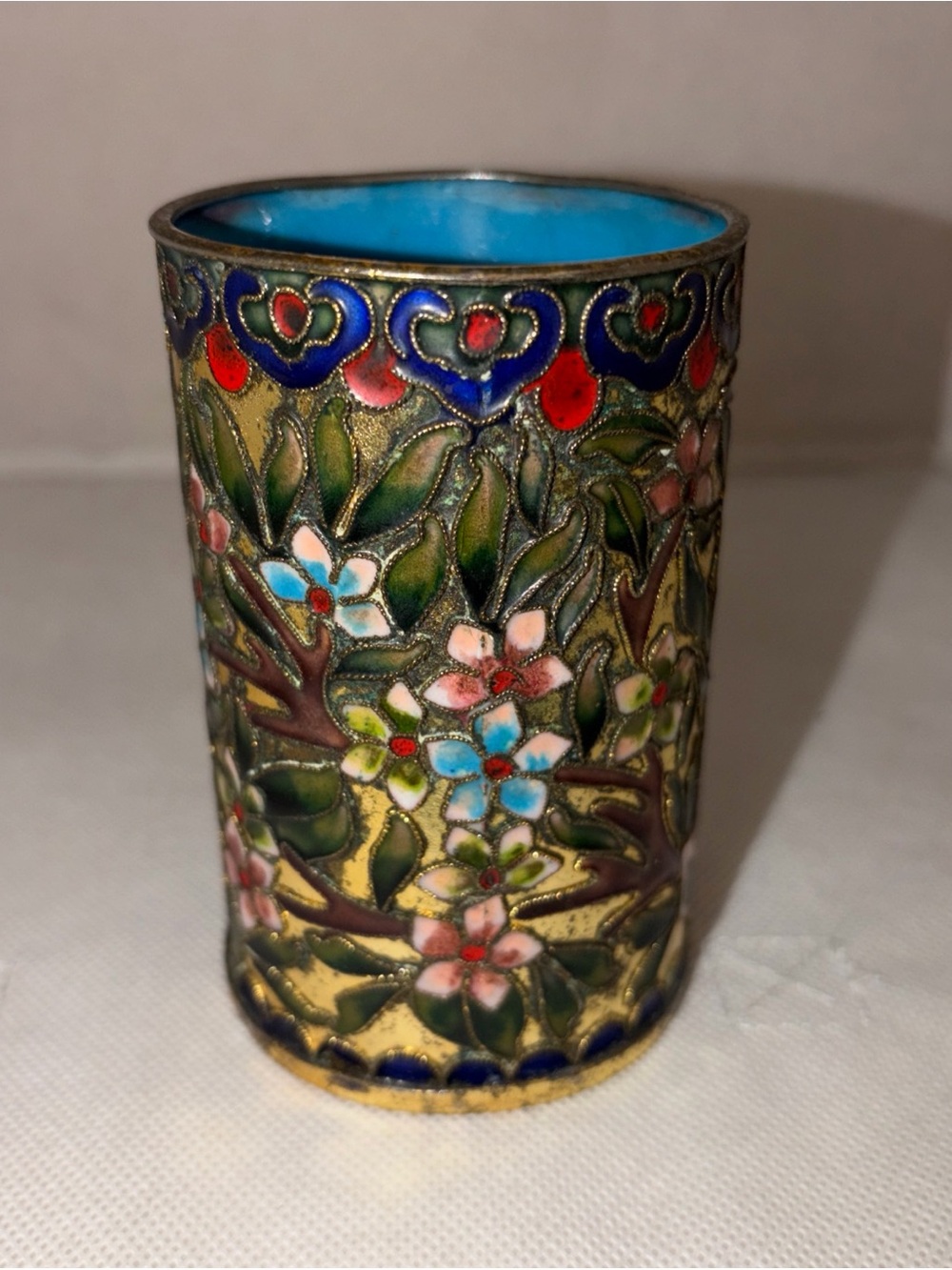 Small Cloisonné Enamel Floral Cylinder Vase, Gold/Blue/Pink/Green, 4 1/4”